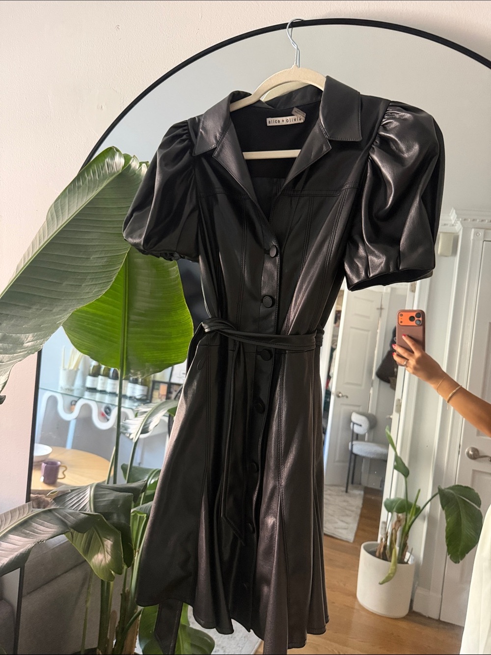 Alice + Olivia Black Faux Leather Midi Shirt Dress with Puff Sleeves